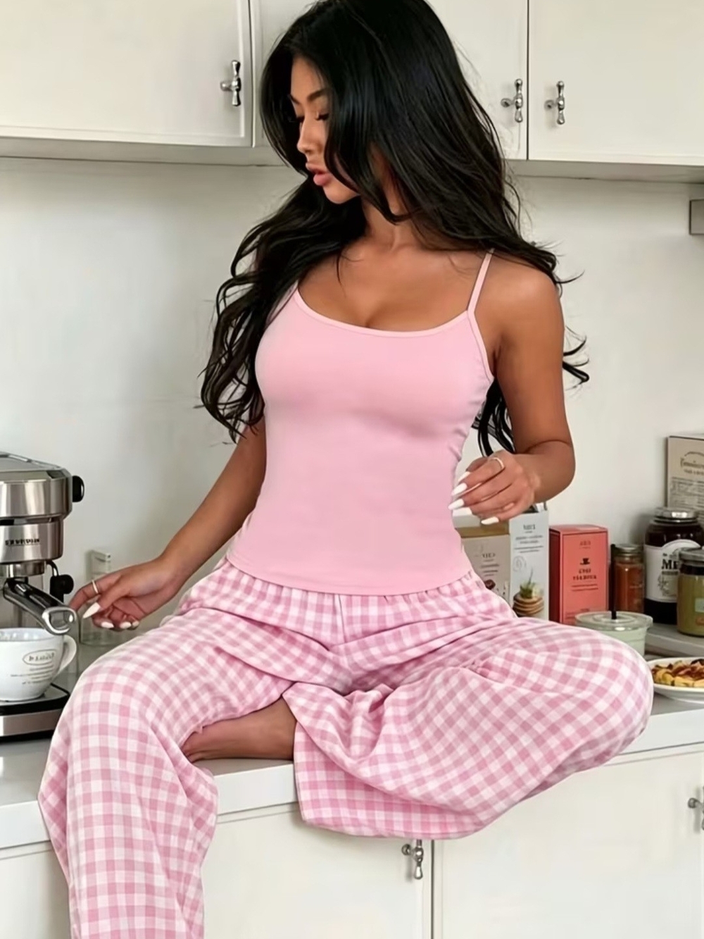 Women’s Pink Camisole & Gingham Pajama Set